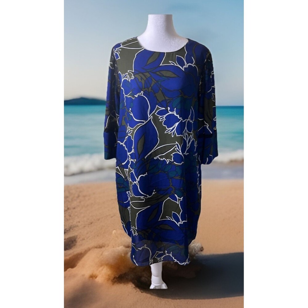 Apt 9 Womens Dress Royal Blue Green Floral 3/4 Sleeve Knee Length Lace Sz Large